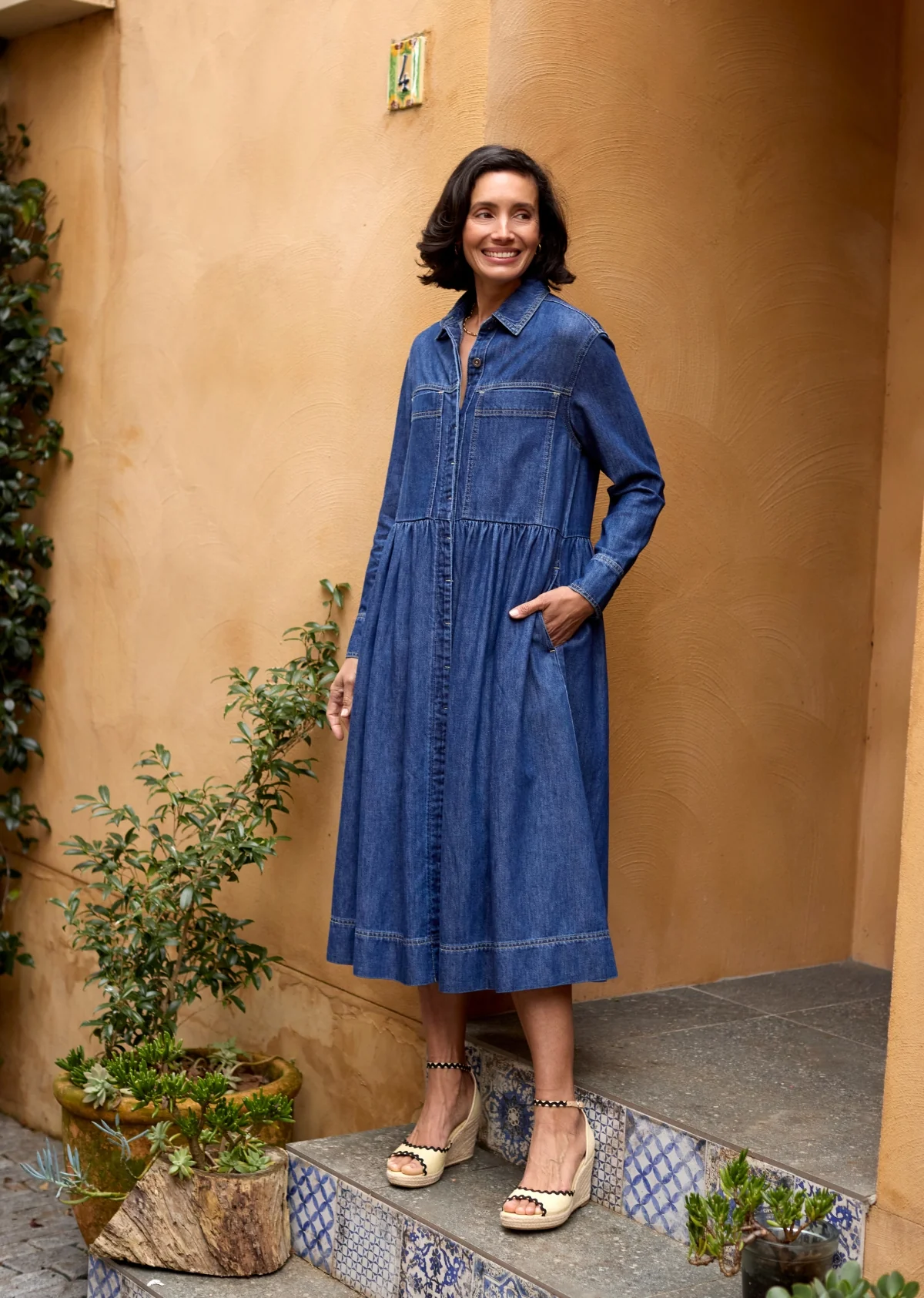 HARPER LONG SLEEVE DENIM SHIRTDRESS - MID BLUE - Image 3