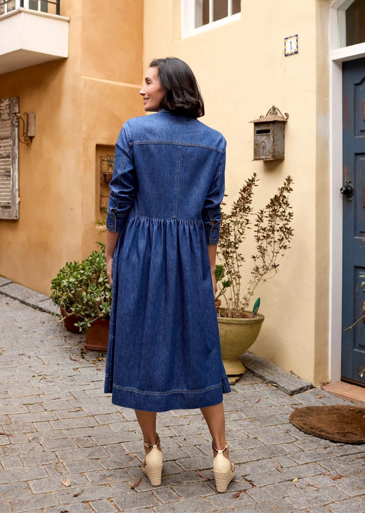 HARPER LONG SLEEVE DENIM SHIRTDRESS - MID BLUE - PETITE - Image 7