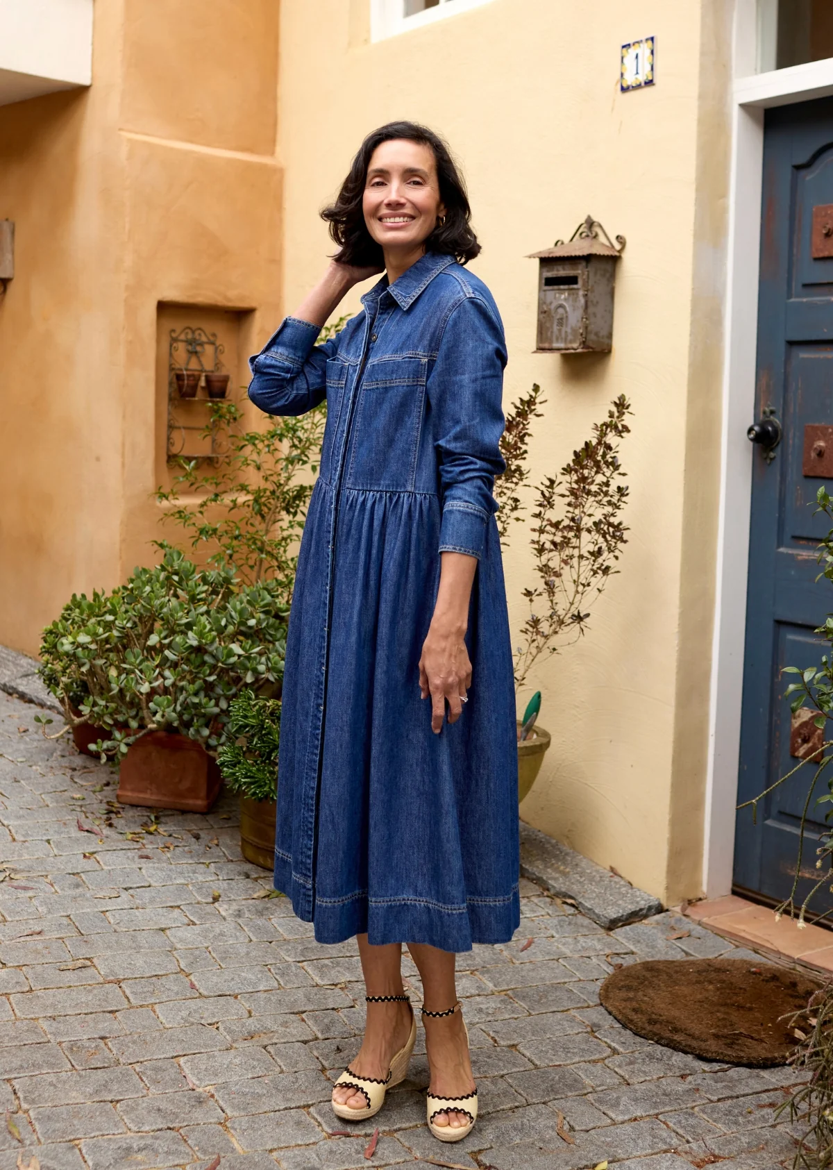 HARPER LONG SLEEVE DENIM SHIRTDRESS - MID BLUE - PETITE - Image 8